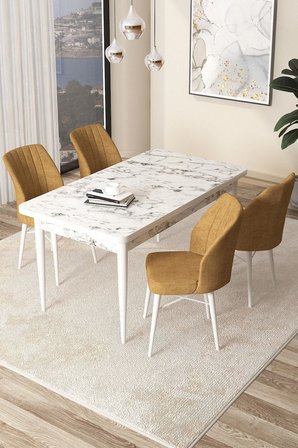 Arp Serisi 70x110 Sabit Mutfak Masası Takımı Beyaz Mermer Desen Masa 4 Cappucino Sandalye