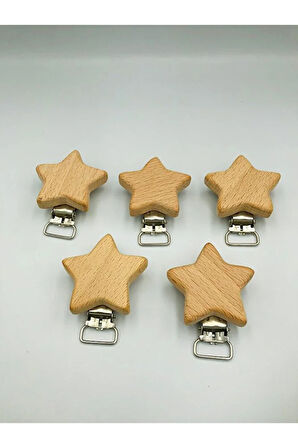 5 Adet Ahşap Klips Yıldız Model Klips Bebek Emzik Klipsi - Bebek Emzik Zinciri - Cilasız - Amigurumi