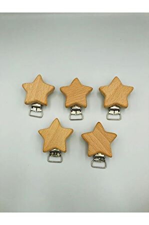 5 Adet Ahşap Klips Yıldız Model Klips Bebek Emzik Klipsi - Bebek Emzik Zinciri - Cilasız - Amigurumi