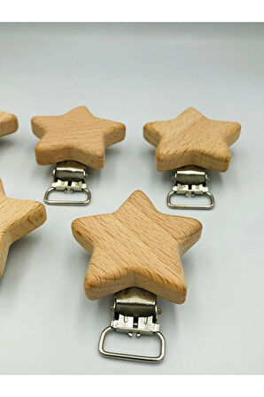 5 Adet Ahşap Klips Yıldız Model Klips Bebek Emzik Klipsi - Bebek Emzik Zinciri - Cilasız - Amigurumi