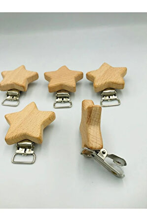5 Adet Ahşap Klips Yıldız Model Klips Bebek Emzik Klipsi - Bebek Emzik Zinciri - Cilasız - Amigurumi