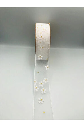 10 Metre 40 mm Organze Kurdele Dekoratif Desenli Süsleme Hediye Paketi Kurdele