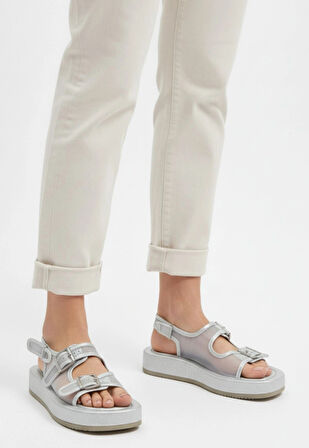 Sinna Gümüş Cilt Tül Detaylı Sandalet