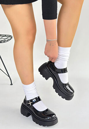 Siyat Siyah Rugan Dolgu Topuk Oxford Ayakkabı