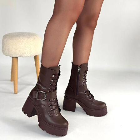 Linma Kahverengi Cilt Bağcıklı Topuklu Bot