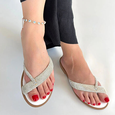 Eday Gümüş Boncuk İşlemeli Terlik