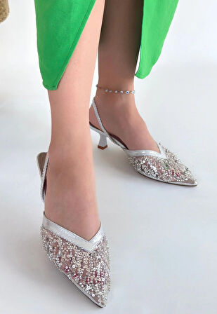 Toyi Gümüş Saten Topuklu Ayakkabı
