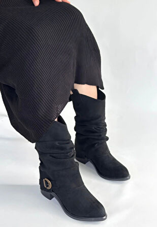 Canty Siyah Süet Körüklü Topuklu Çizme