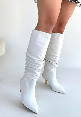Zelya Beyaz Cilt Topuklu Çizme