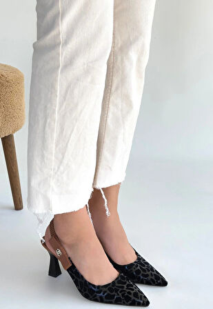 Toran Siyah Rugan Siyah Süet Detaylı Topuklu Ayakkabı