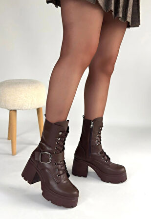 Linma Kahverengi Cilt Bağcıklı Topuklu Bot