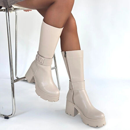 Moki Bej Cilt Topuklu Çizme