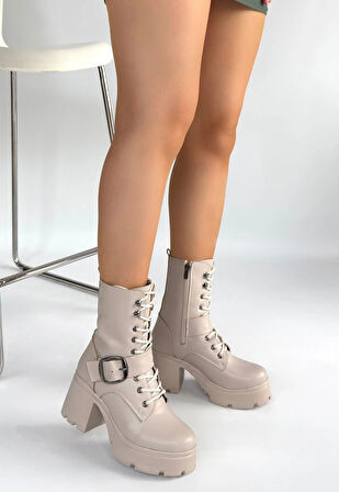 Linma Bej Cilt Bağcıklı Topuklu Bot