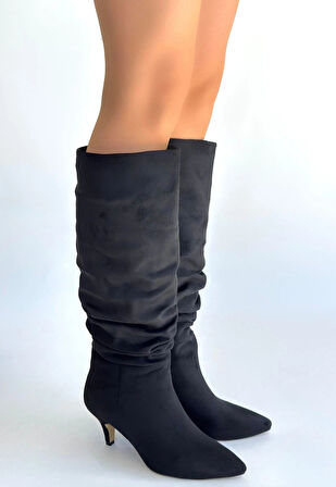 Zelya Siyah Süet Topuklu Çizme