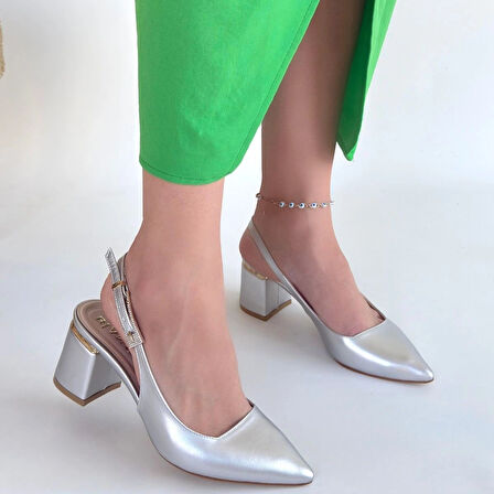 Buant Gümüş Cilt Topuklu Ayakkabı