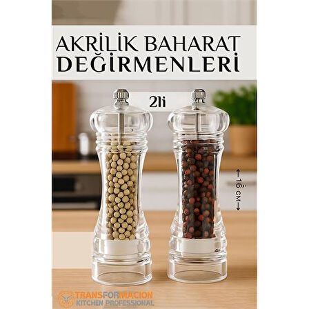 Modacar Baharat Öğütücü - Baharat Karabiber Tuz Değirmeni Ahşap Akrilik Kristal 2 li SET