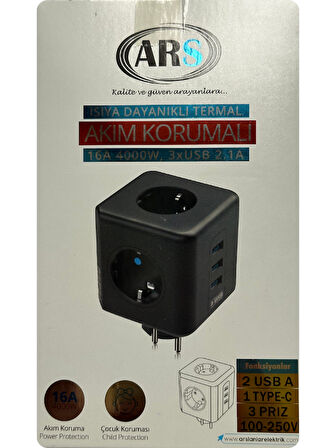 Ars Isıya Dayanıklı Termal Akım Korumalı Fiş Priz Usb A - Type-C 3Lü Priz (2 Adet)