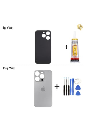 iPhone 15 Pro Naturel Titanyum Arka Kapak Arka Cam Batarya Kapağı Lazer Kesim Kapak Pil Kapağı + B-7000 Yapıştırıcı + Tamir Seti