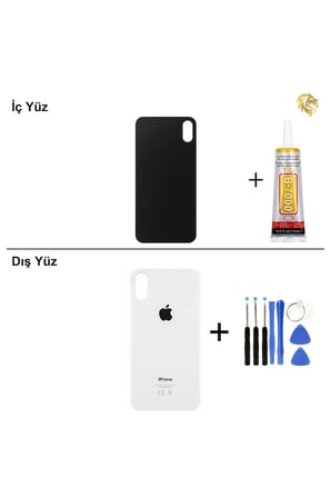 iPhone X Gümüş Arka Kapak Arka Cam Batarya Kapağı Lazer Kesim Kapak Pil Kapağı + B-7000 Yapıştırıcı + Tamir Seti