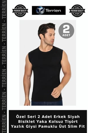 Özel Seri 2 Adet Erkek Siyah Bisiklet Yaka Kolsuz Tişört Yazlık Giysi Pamuklu Üst Slim Fit