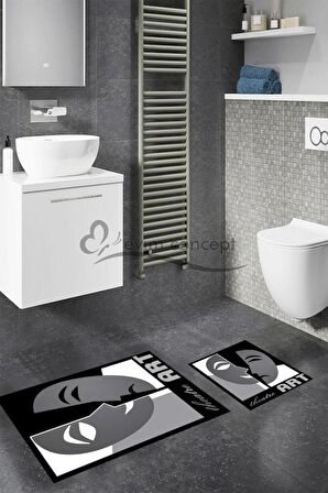 Yüz Desenli Banyo Paspası, Art Yazılı Klozet Takımı, Kaymaz Taban Banyo Paspası, Klozet Takımı, Yıkanabilir Klozet Takımı, Dekoratif Banyo Paspası, Gri Klozet Takımı