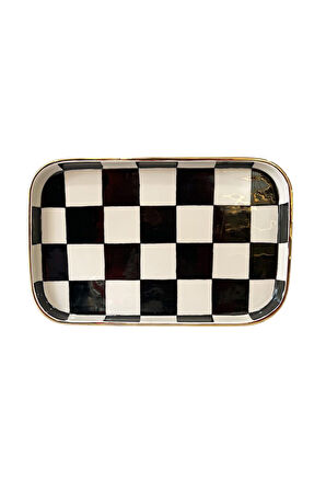 Damalı Siyah Dikdörtgen Sunum Tepsi