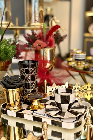 Damalı Siyah Dikdörtgen Sunum Tepsi