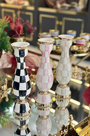 Damalı Siyah 24cm Seramik Şamdan