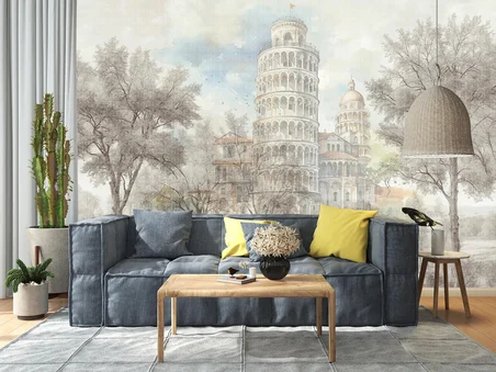 Ormanda ağaçlar ve Pisa Kulesi silueti poster duvar kağıdı
