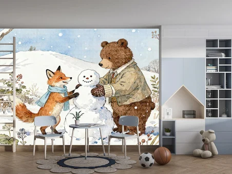 Ayı ve tilki kardan adam yapıyor poster duvar kağıdı