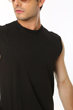 Erkek Tank Sıfır Kol Pamuk T-Shirt Siyah