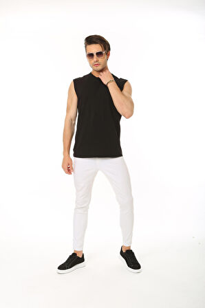 Erkek Tank Sıfır Kol Pamuk T-Shirt Siyah