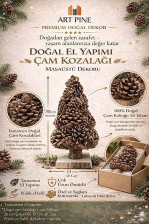 Doğal El Yapımı Çam Kozalağı & Çam Kabuğu Masaüstü Dekoru 30 Cm – Premium Exclusive