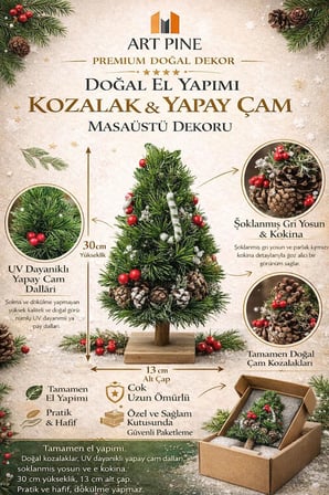 Doğal El Yapımı Kozalak & UV Dayanımlı Yapay Çam Masaüstü Dekoru 30 cm – Premium Exclusive