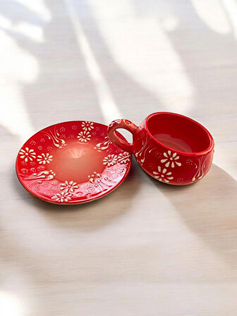 Dekoratif Şık Tasarım Tamamen El Yapımı Kırmızı 1 Kişilik Kahve Fincanı