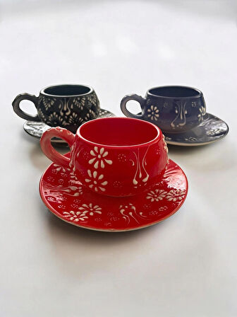Dekoratif Şık Tasarım Tamamen El Yapımı Kırmızı , Lacivert ve Siyah 3 Kişilik Kahve Fincanı