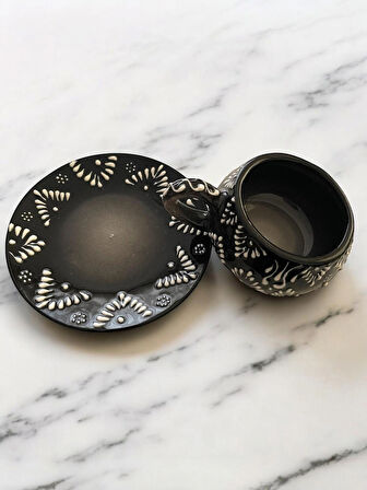Dekoratif Şık Tasarım Tamamen El Yapımı Siyah 1 Kişilik Kahve Fincanı