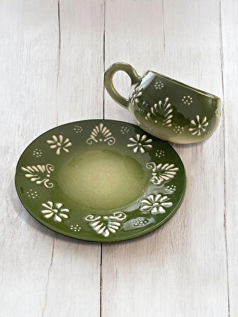 Dekoratif Şık Tasarım Tamamen El Yapımı Yeşil 1 Kişilik Kahve Fincanı