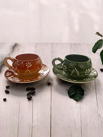 Dekoratif Şık Tasarım Tamamen El Yapımı Yeşil ve Kahverengi 2 Kişilik Kahve Fincanı