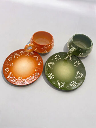 Dekoratif Şık Tasarım Tamamen El Yapımı Yeşil ve Kahverengi 2 Kişilik Kahve Fincanı