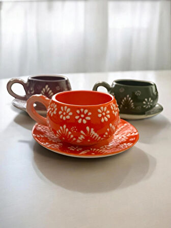 Dekoratif Şık Tasarım Tamamen El Yapımı Yeşil, Turuncu ve Kahverengi 3 Kişilik Kahve Fincanı