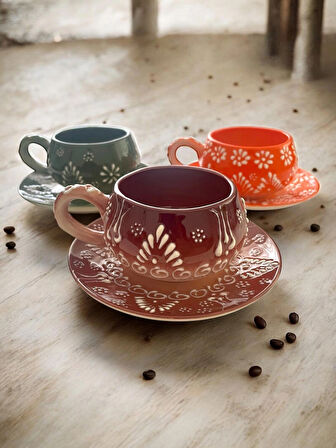 Dekoratif Şık Tasarım Tamamen El Yapımı Yeşil, Turuncu ve Kahverengi 3 Kişilik Kahve Fincanı