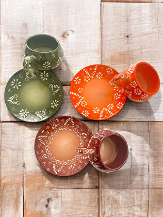 Dekoratif Şık Tasarım Tamamen El Yapımı Yeşil, Turuncu ve Kahverengi 3 Kişilik Kahve Fincanı