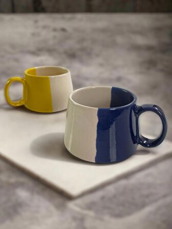 Seramik El işlemesi 2'li Sarı-Lacivert Büyük Boy Mug Kupa Kahve Fincanı