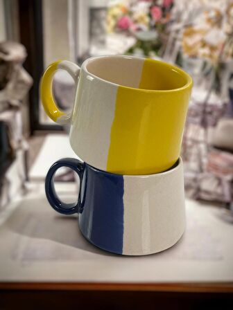 Seramik El işlemesi 2'li Sarı-Lacivert Büyük Boy Mug Kupa Kahve Fincanı