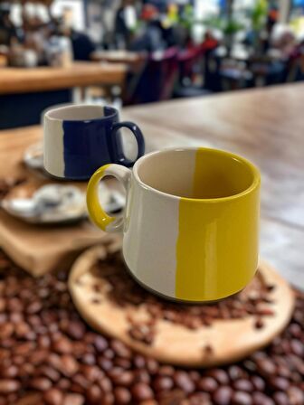 Seramik El işlemesi 2'li Sarı-Lacivert Büyük Boy Mug Kupa Kahve Fincanı