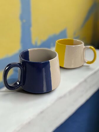 Seramik El işlemesi 2'li Sarı-Lacivert Büyük Boy Mug Kupa Kahve Fincanı
