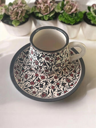Dekoratif Çini Tasarım, Lale ve Karanfil İşlemeli Çay Kahve Fincanı Seti 1 Kişilik