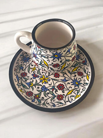 Dekoratif Çini Tasarım, Lale ve Karanfil İşlemeli Çay Kahve Fincanı Seti 1 Kişilik