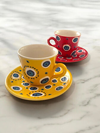 Dekoratif 2 Kişilik Şık Nazar Boncuğu Tasarımlı Tamamen El Yapımı Kahve Fincan Seti